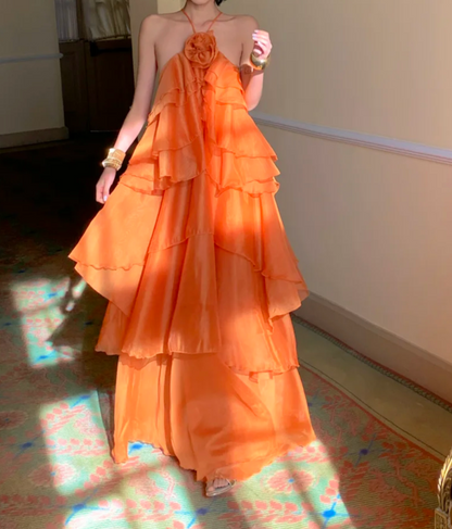 Flowy Halter Neck Orange Prom Dress Ruffles Tiered A-Line Formal Dress GG6943