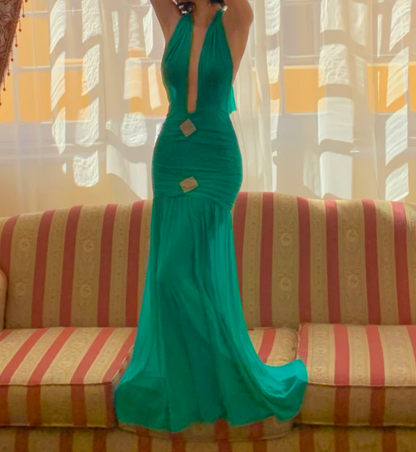 Trendy Halter Neck Green Prom Dress Backless Beaded A-Line Formal Dress GG6945