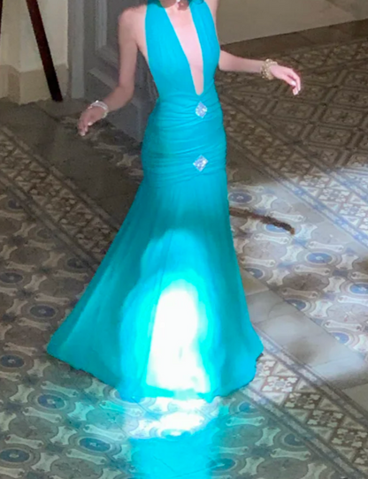 Trendy Halter Neck Green Prom Dress Backless Beaded A-Line Formal Dress GG6945