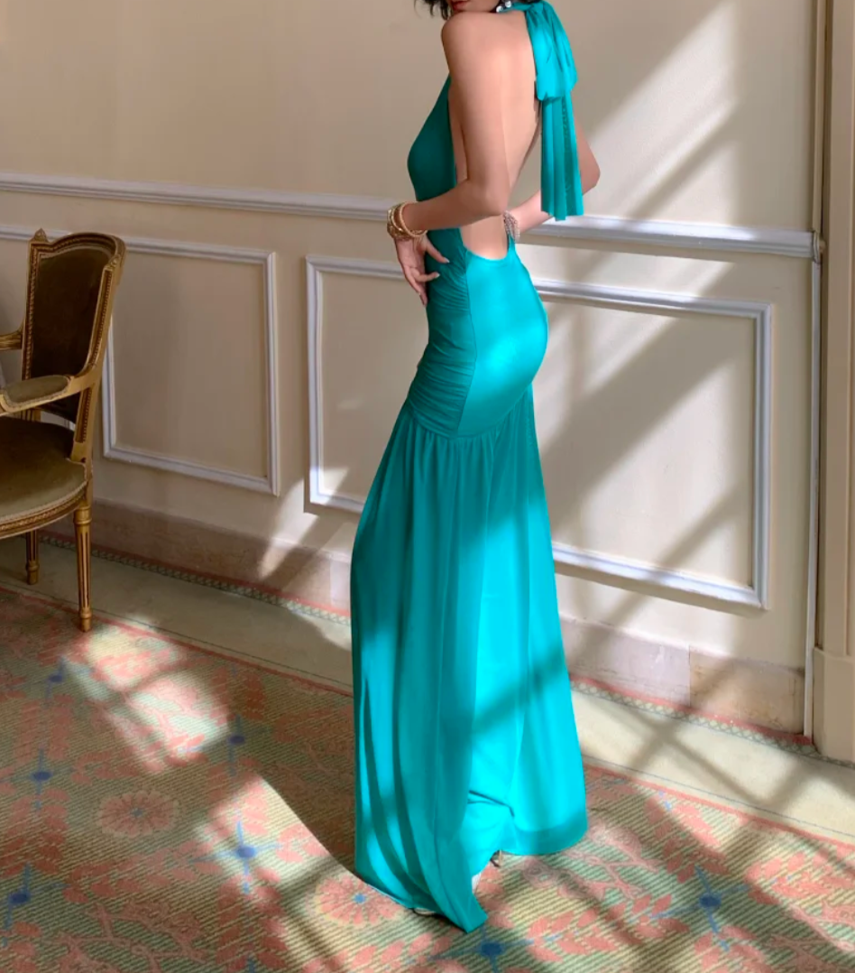 Trendy Halter Neck Green Prom Dress Backless Beaded A-Line Formal Dress GG6945