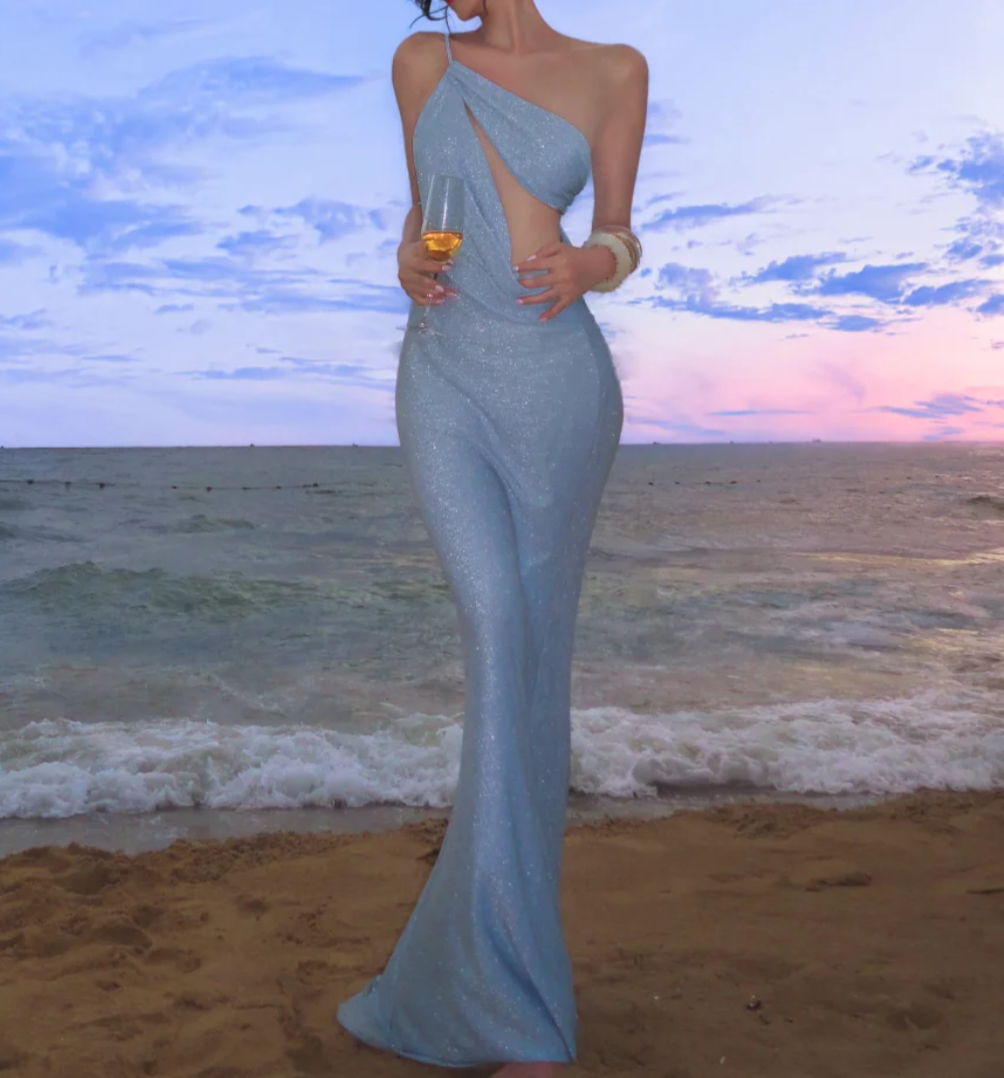 Playful One Shoulder Blue Prom Dress Cutout Sequins Mermaid Formal Dress GG6946