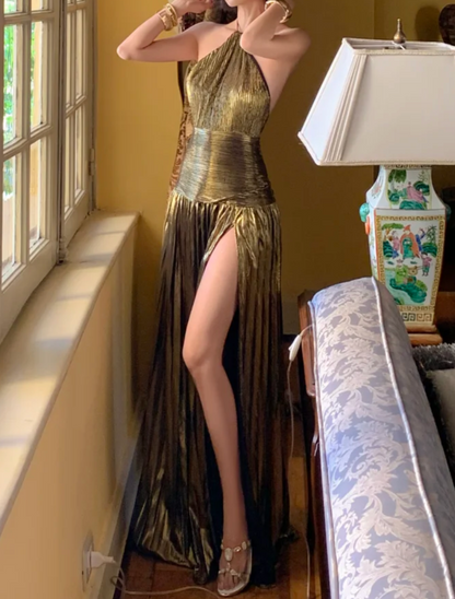 Shiny Halter Neck Gold Prom Dress High Slit Pleated A-Line Formal Dress GG6947