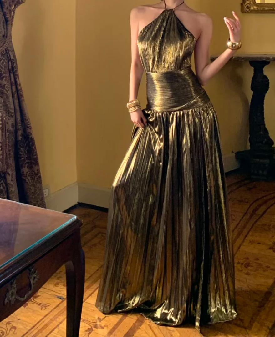Shiny Halter Neck Gold Prom Dress High Slit Pleated A-Line Formal Dress GG6947