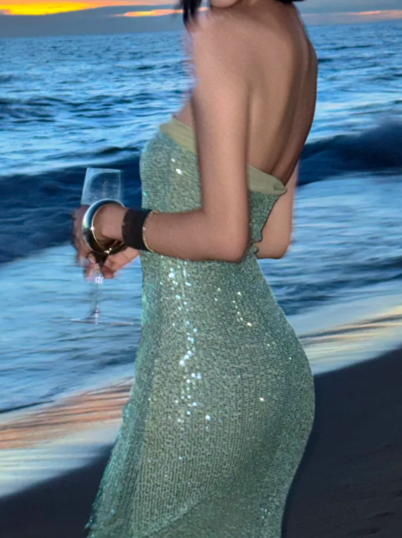 Elegant Strapless Green Prom Dress Sequins Mermaid Formal Dress GG6948