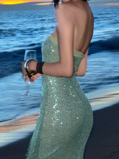 Elegant Strapless Green Prom Dress Sequins Mermaid Formal Dress GG6948