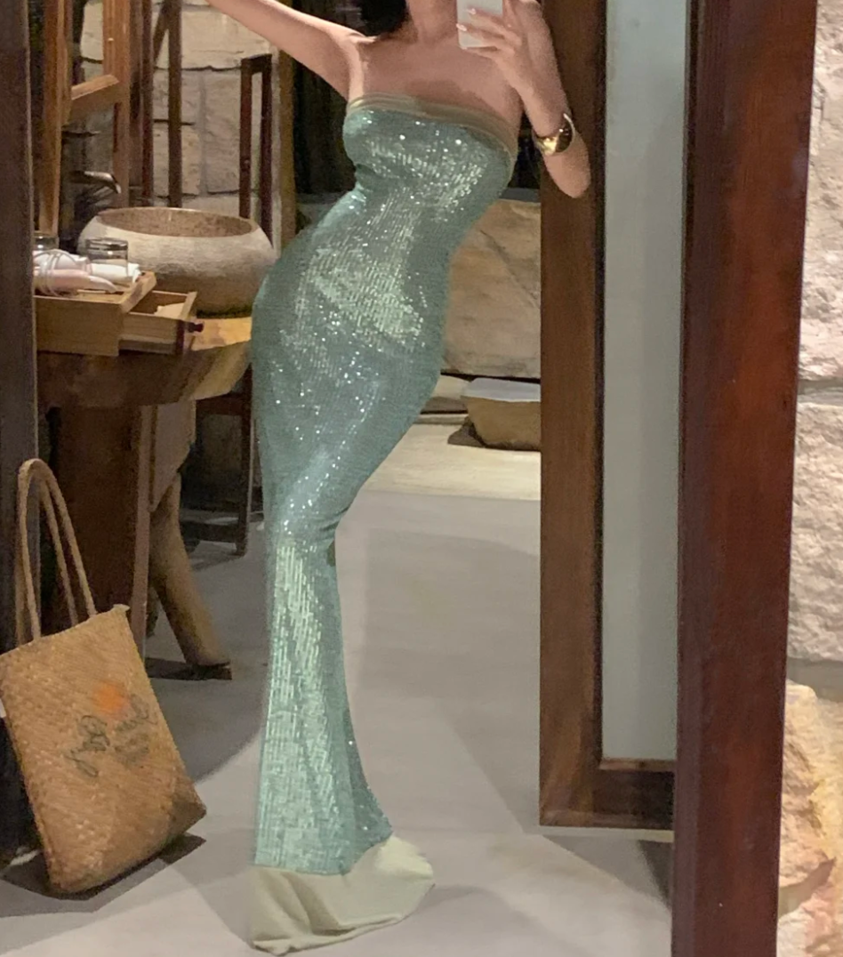 Elegant Strapless Green Prom Dress Sequins Mermaid Formal Dress GG6948