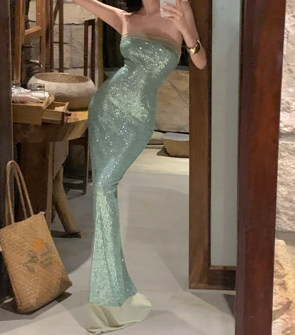 Elegant Strapless Green Prom Dress Sequins Mermaid Formal Dress GG6948