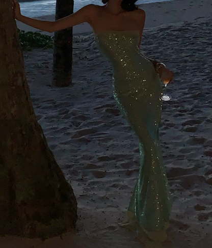 Elegant Strapless Green Prom Dress Sequins Mermaid Formal Dress GG6948
