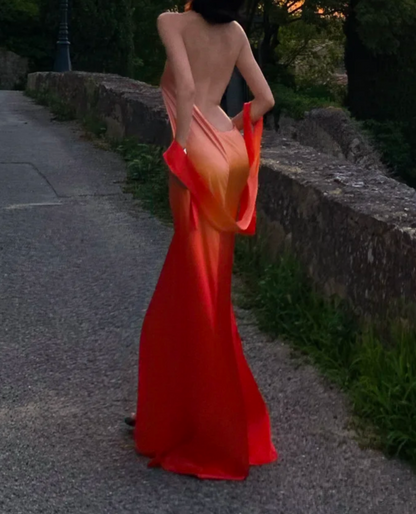 Classical Halter Neck Prom Dress Gradient Orange Backless A-Line Formal Dress GG6949