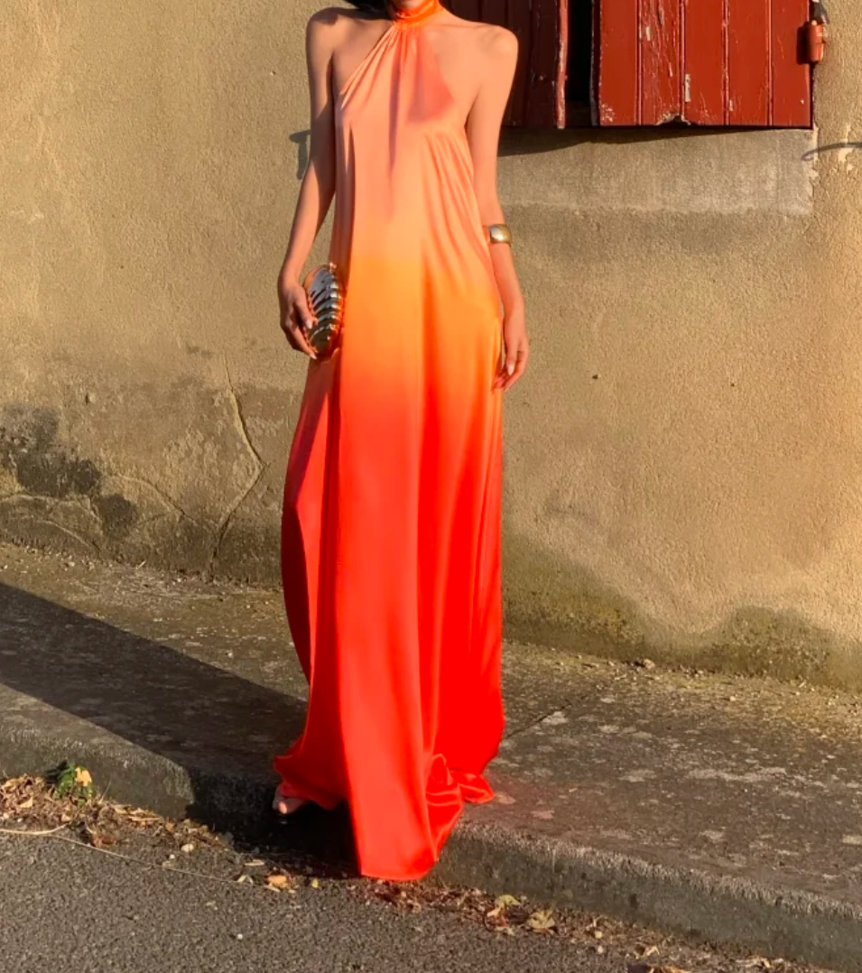 Classical Halter Neck Prom Dress Gradient Orange Backless A-Line Formal Dress GG6949