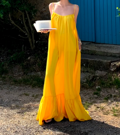 Chic Spaghetti Strap Yellow Prom Dress Ruffles Backless A-Line Formal Dress GG6950