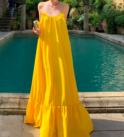 Chic Spaghetti Strap Yellow Prom Dress Ruffles Backless A-Line Formal Dress GG6950