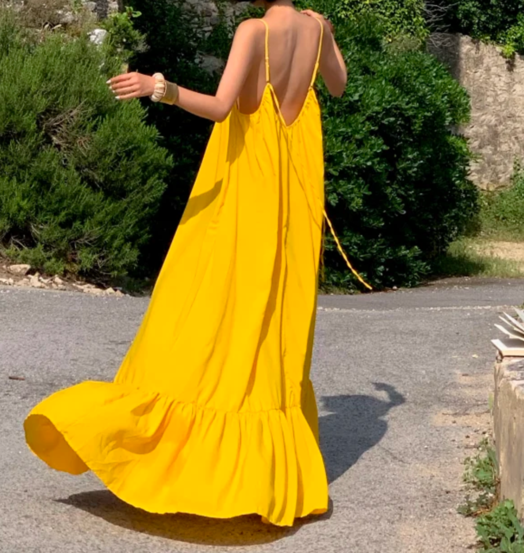 Chic Spaghetti Strap Yellow Prom Dress Ruffles Backless A-Line Formal Dress GG6950