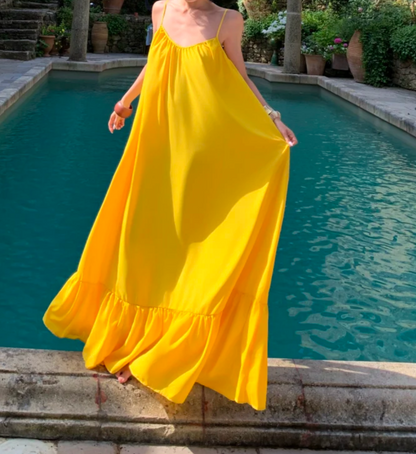 Chic Spaghetti Strap Yellow Prom Dress Ruffles Backless A-Line Formal Dress GG6950