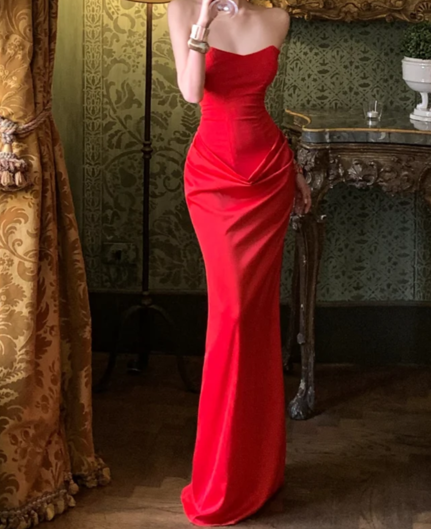 Classical Strapless Red Prom Dress With Scarf Draped Mermaid Formal Dress GG6951