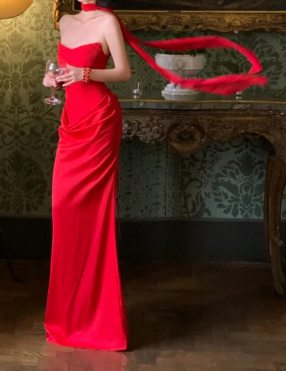 Classical Strapless Red Prom Dress With Scarf Draped Mermaid Formal Dress GG6951