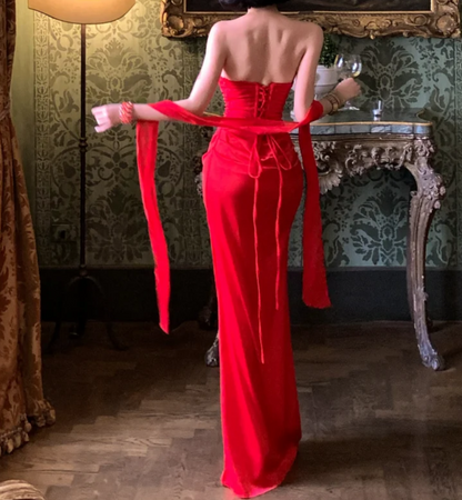 Classical Strapless Red Prom Dress With Scarf Draped Mermaid Formal Dress GG6951