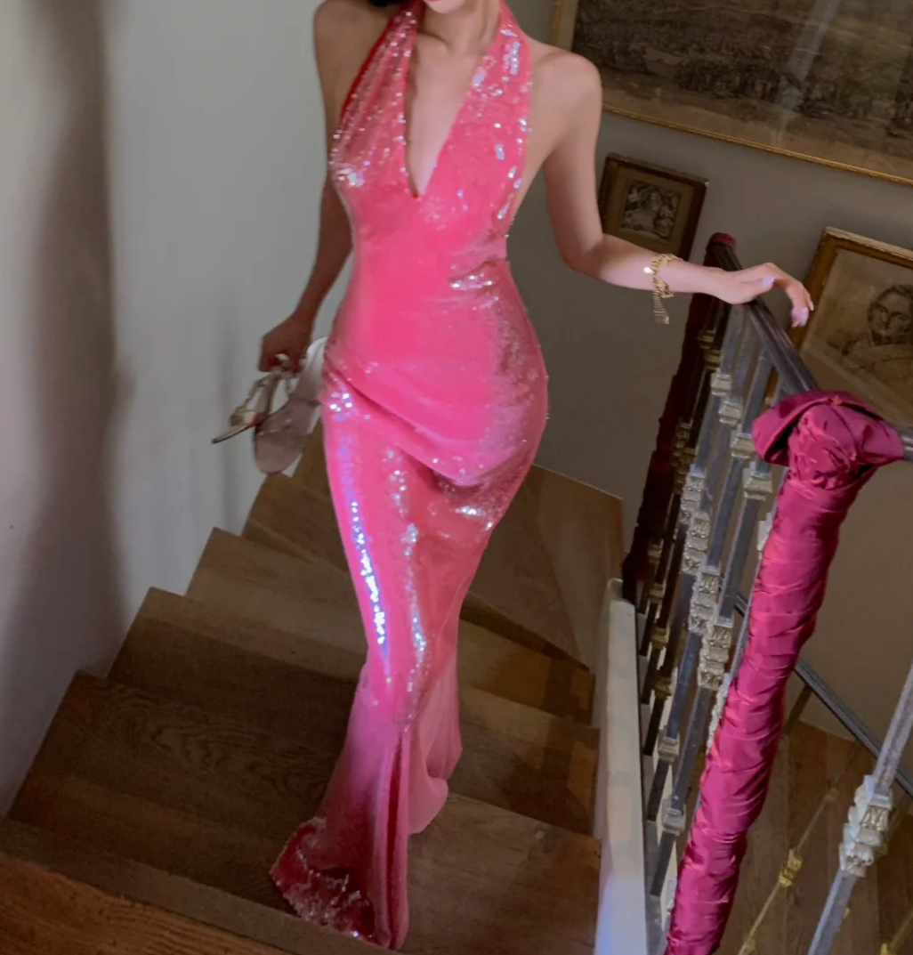 Glittering Halter Neck Pink Prom Dress Sequins Mermaid Formal Dress GG6952