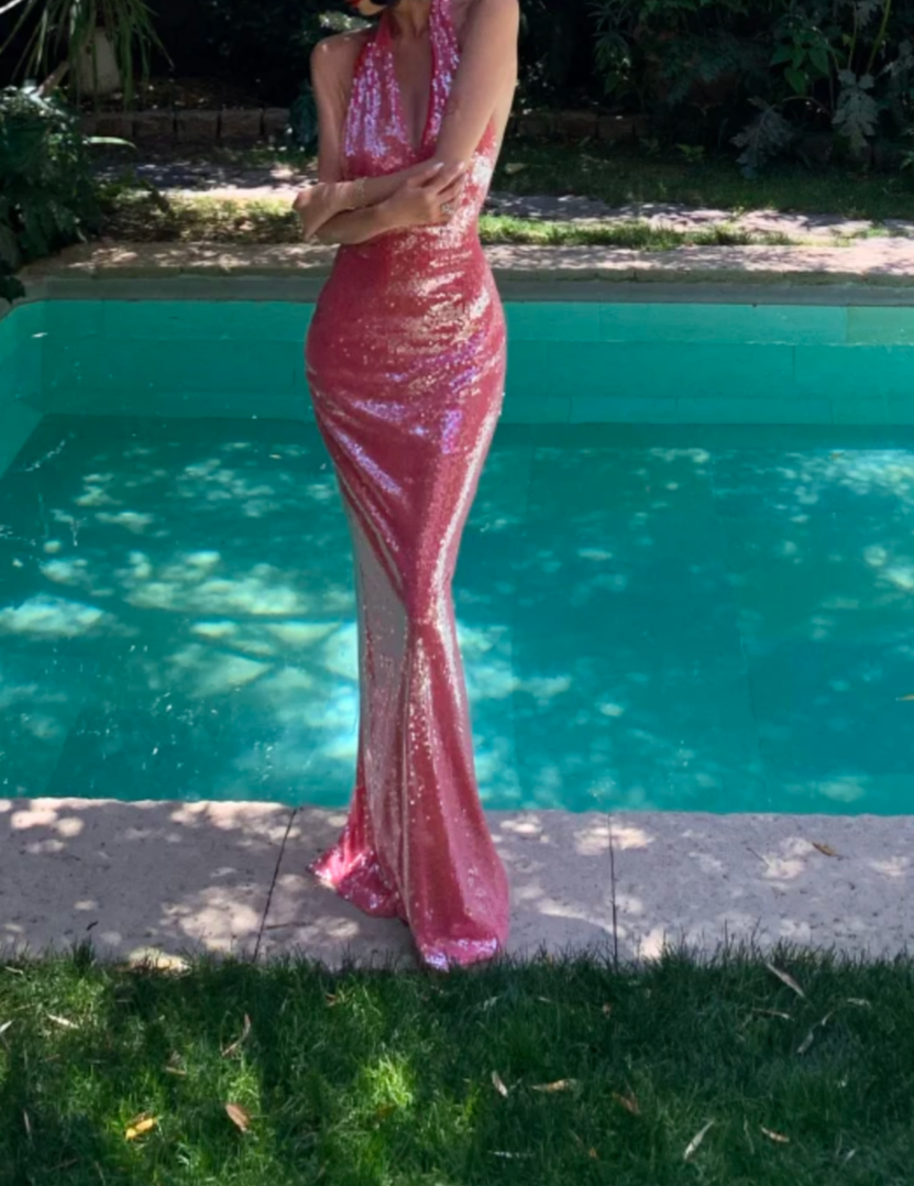 Glittering Halter Neck Pink Prom Dress Sequins Mermaid Formal Dress GG6952