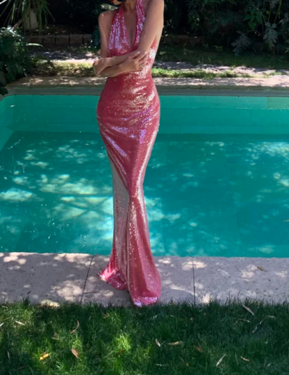 Glittering Halter Neck Pink Prom Dress Sequins Mermaid Formal Dress GG6952