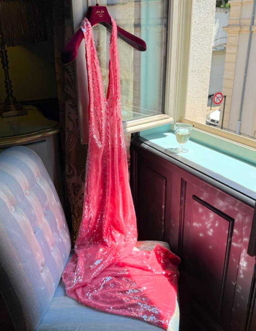 Glittering Halter Neck Pink Prom Dress Sequins Mermaid Formal Dress GG6952