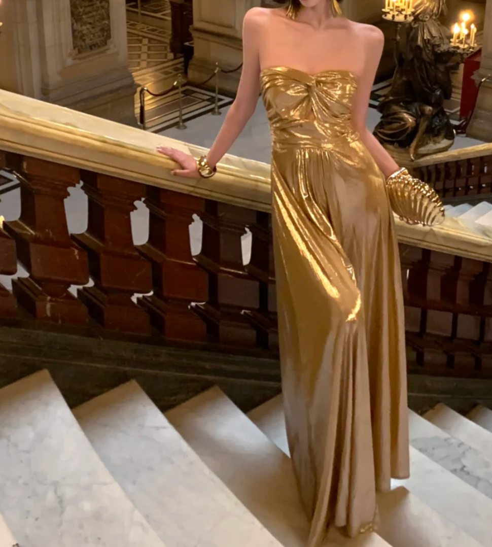 Glam Strapless Gold Prom Dress Backless A-Line Formal Dress GG6955