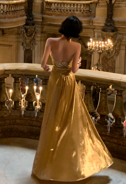 Glam Strapless Gold Prom Dress Backless A-Line Formal Dress GG6955