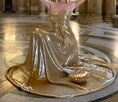 Glam Strapless Gold Prom Dress Backless A-Line Formal Dress GG6955