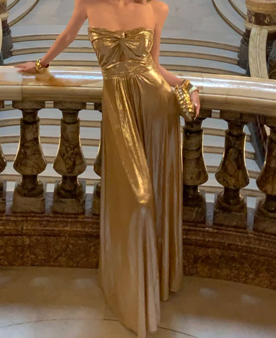 Glam Strapless Gold Prom Dress Backless A-Line Formal Dress GG6955
