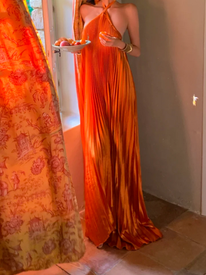 Flowy Halter Neck Orange Prom Dress Pleated A-Line Formal Dress GG6956