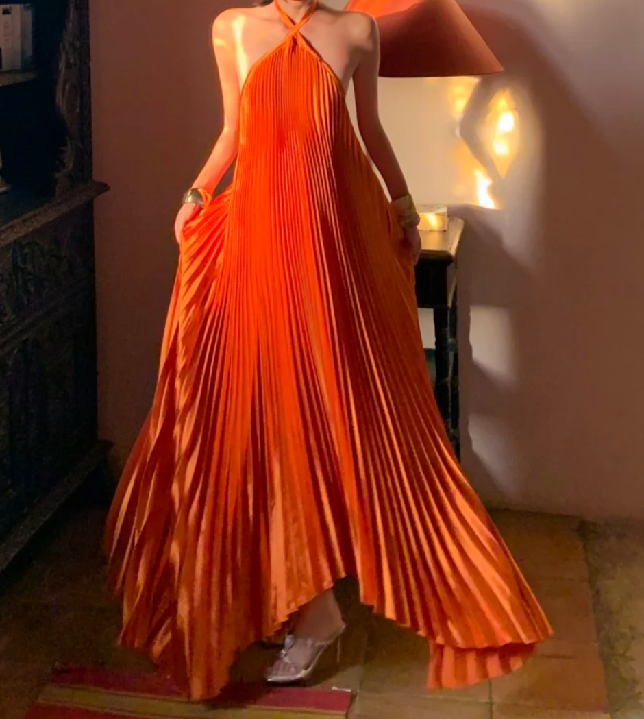 Flowy Halter Neck Orange Prom Dress Pleated A-Line Formal Dress GG6956