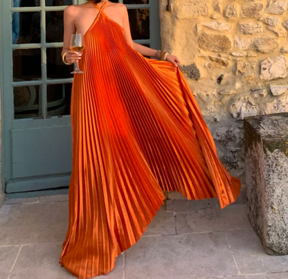 Flowy Halter Neck Orange Prom Dress Pleated A-Line Formal Dress GG6956