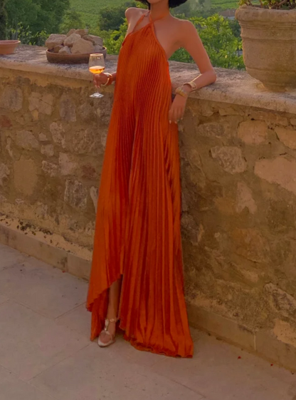 Flowy Halter Neck Orange Prom Dress Pleated A-Line Formal Dress GG6956