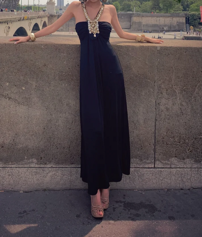 Charming Halter Neck Black Prom Dress Beaded A-Line Formal Dress GG6957