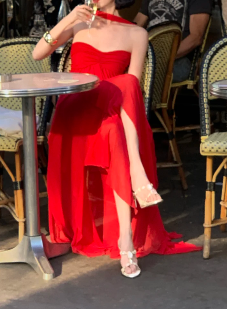 Playful Strapless Red Prom Dress With Scarf A-Line Formal Dress GG6958