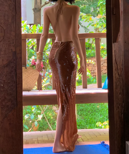 Sparkling Spaghetti Strap Brown Prom Dress Sequins Mermaid Formal Dress GG6960