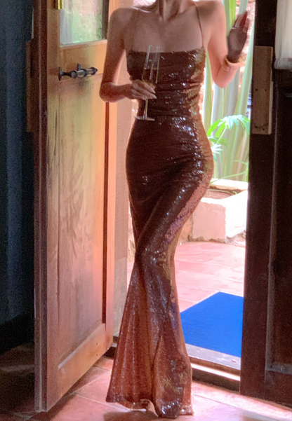 Sparkling Spaghetti Strap Brown Prom Dress Sequins Mermaid Formal Dress GG6960