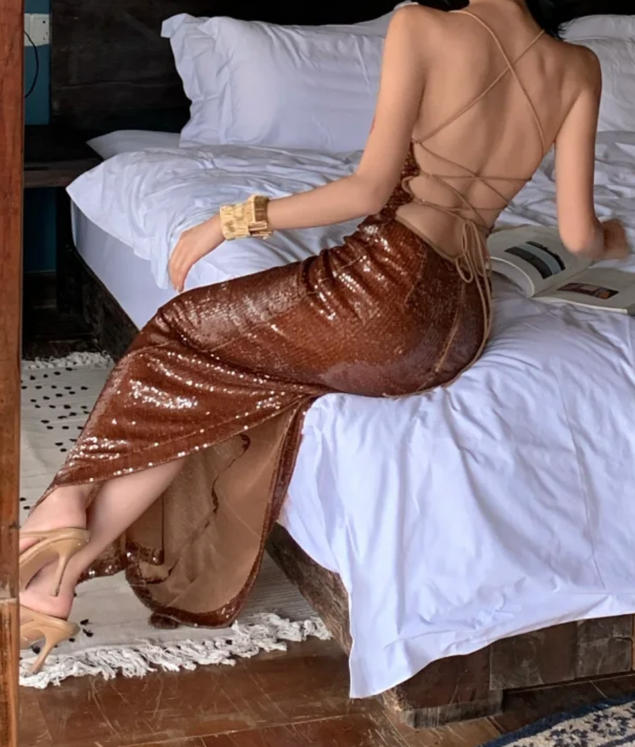 Sparkling Spaghetti Strap Brown Prom Dress Sequins Mermaid Formal Dress GG6960