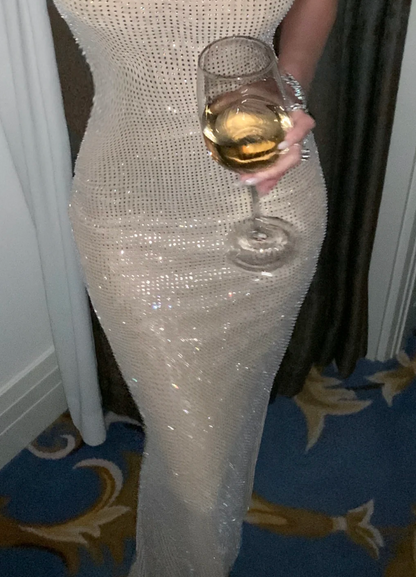 Shiny Spaghetti Strap Beige Prom Dress Sequins Backless Mermaid Formal Dress GG6961