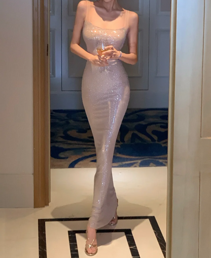 Shiny Spaghetti Strap Beige Prom Dress Sequins Backless Mermaid Formal Dress GG6961