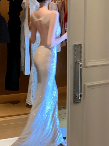 Shiny Spaghetti Strap Beige Prom Dress Sequins Backless Mermaid Formal Dress GG6961