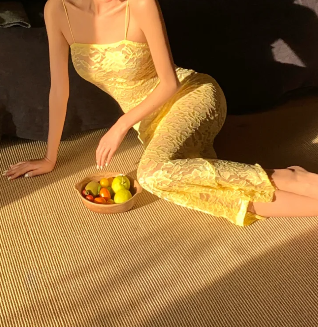 Sleek Spaghetti Strap Yellow Prom Dress Lace Mermaid Formal Dress GG6962