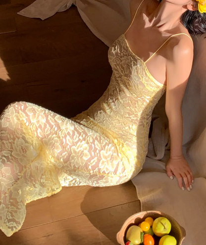 Sleek Spaghetti Strap Yellow Prom Dress Lace Mermaid Formal Dress GG6962