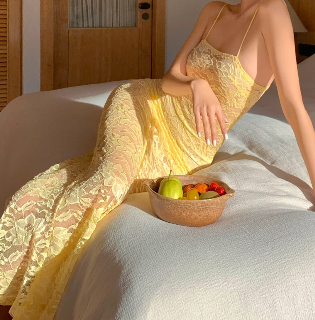Sleek Spaghetti Strap Yellow Prom Dress Lace Mermaid Formal Dress GG6962