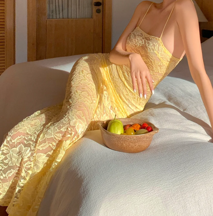 Sleek Spaghetti Strap Yellow Prom Dress Lace Mermaid Formal Dress GG6962
