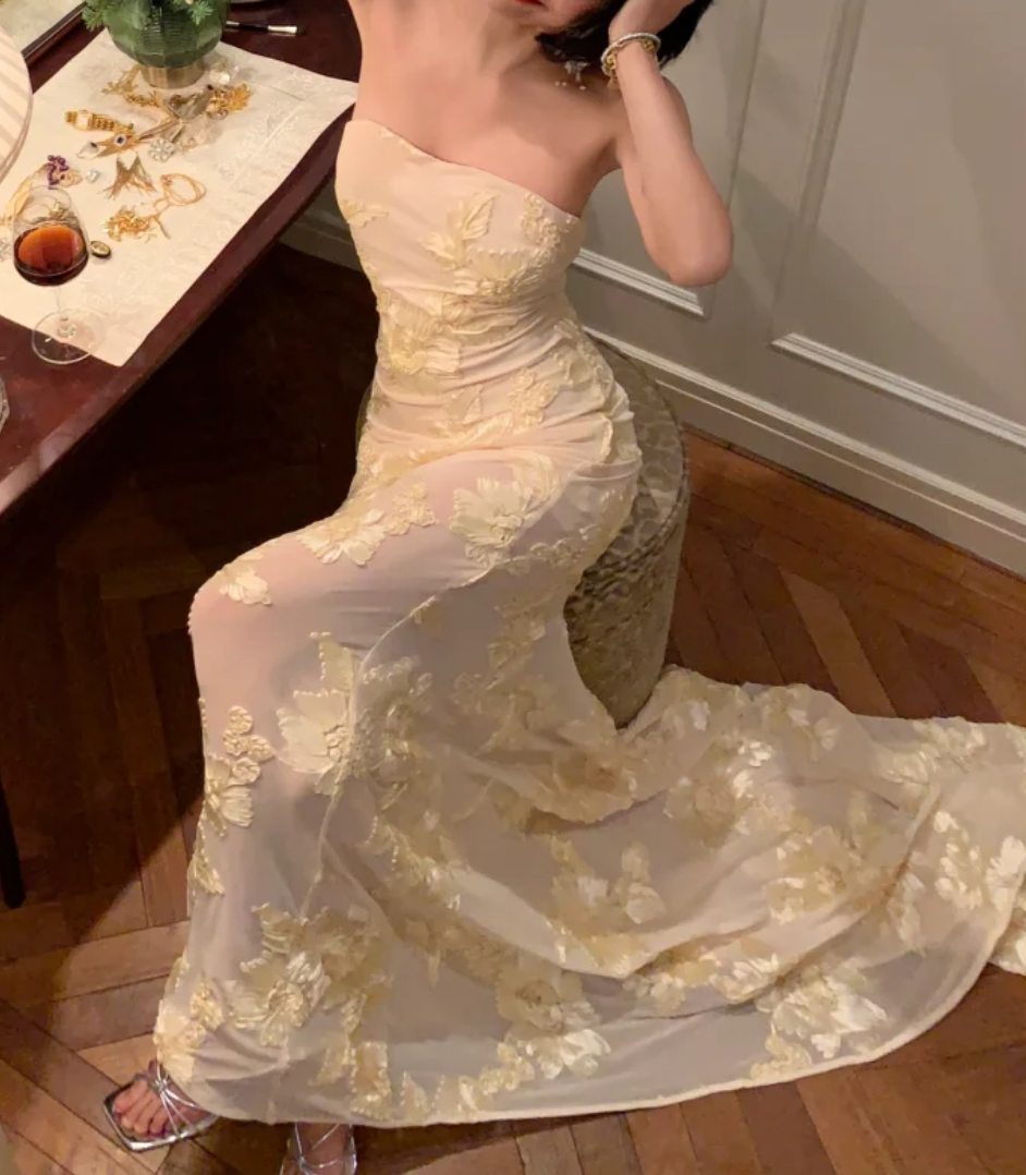 Glamorous Strapless Ivory Prom Dress Floral Mermaid Formal Dress GG6966