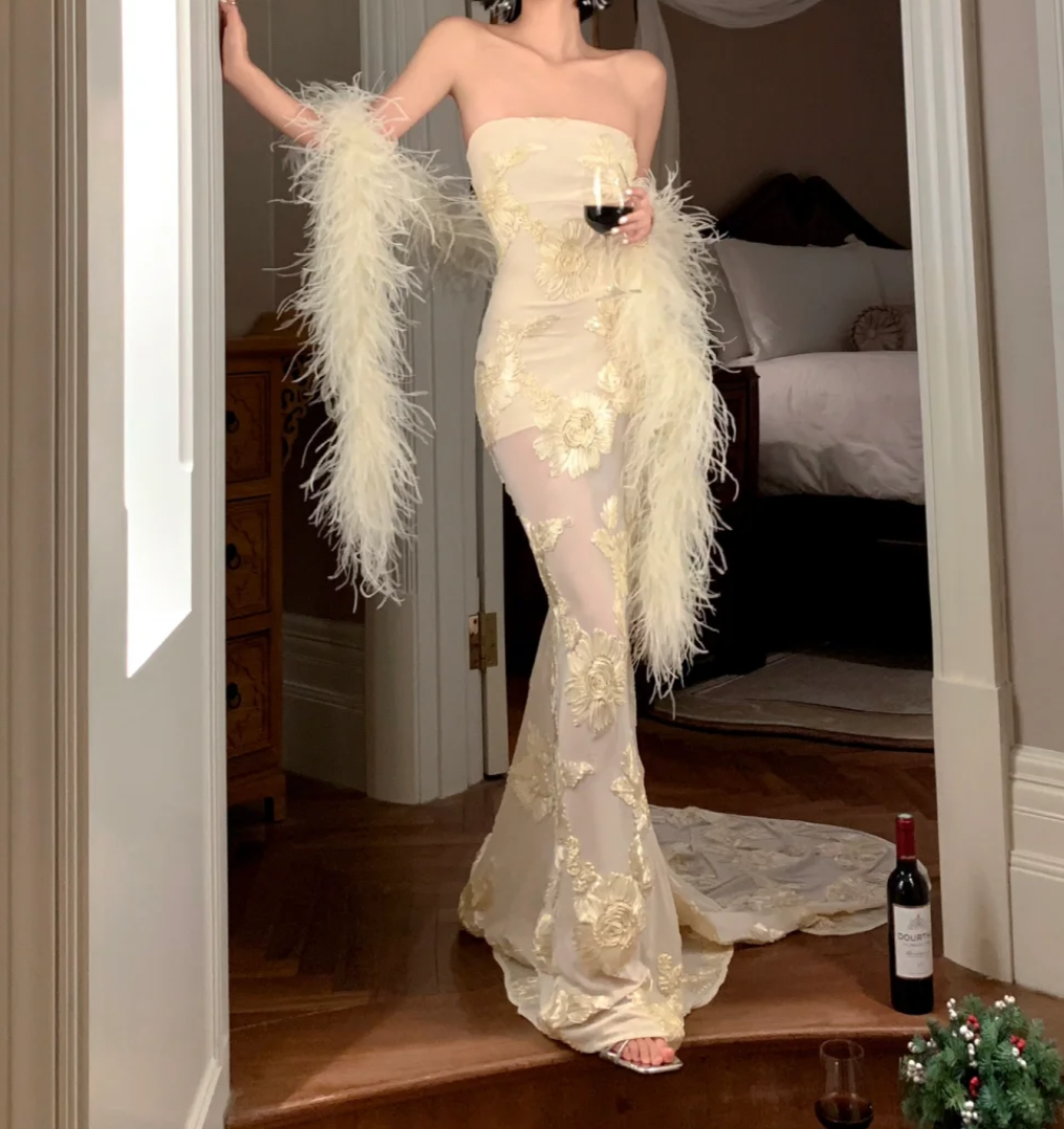 Glamorous Strapless Ivory Prom Dress Floral Mermaid Formal Dress GG6966