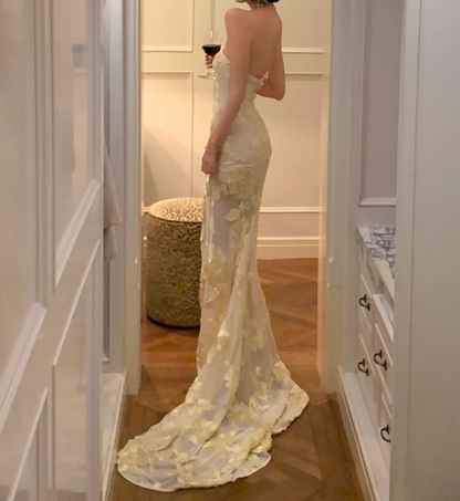 Glamorous Strapless Ivory Prom Dress Floral Mermaid Formal Dress GG6966