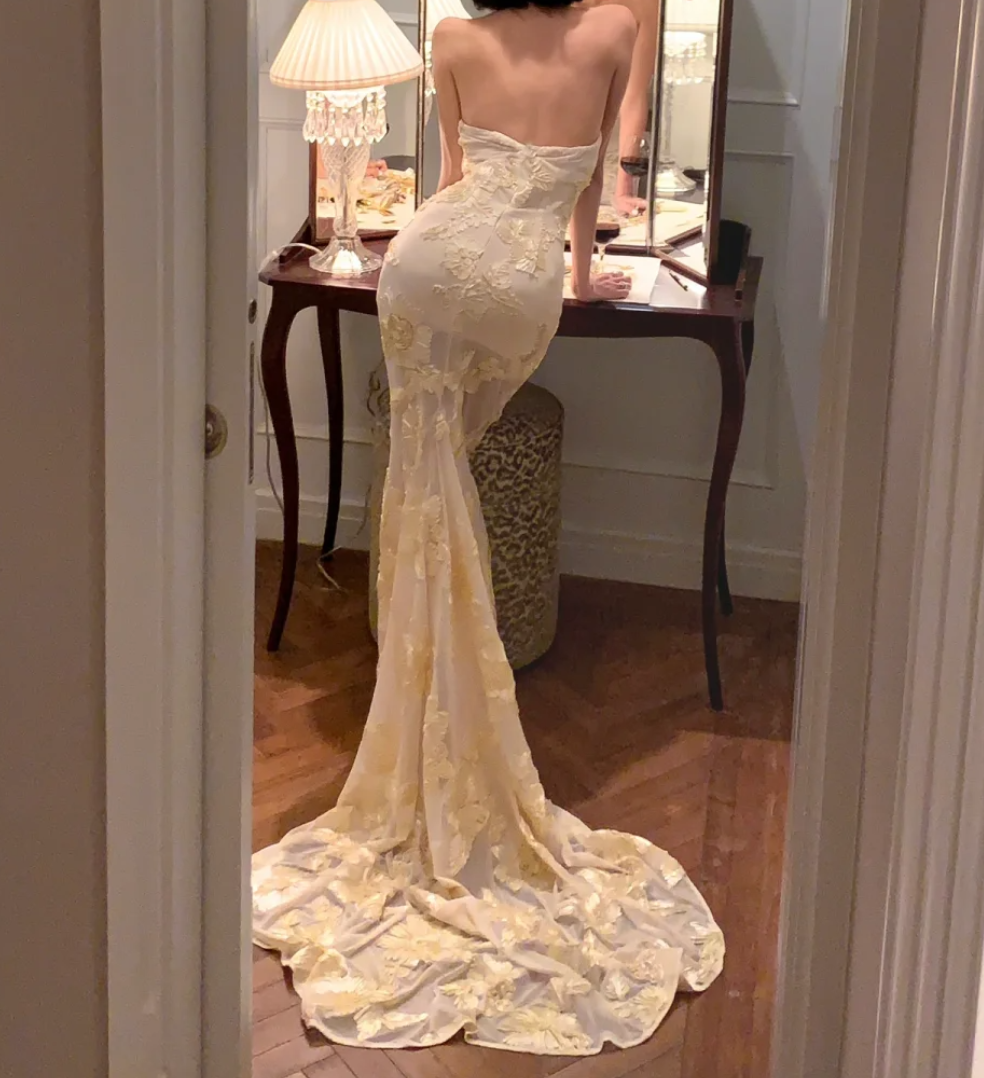 Glamorous Strapless Ivory Prom Dress Floral Mermaid Formal Dress GG6966
