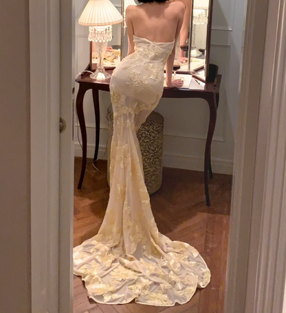 Glamorous Strapless Ivory Prom Dress Floral Mermaid Formal Dress GG6966